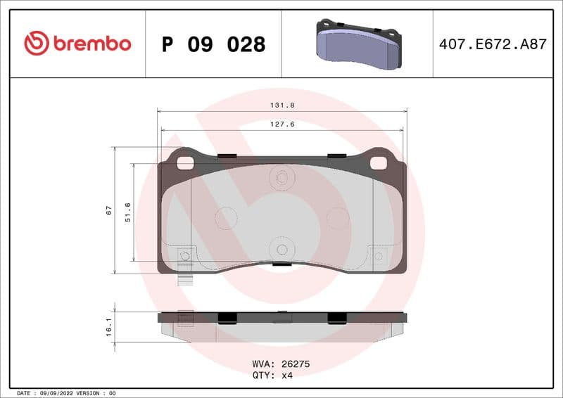 Remblokken set Voor (met een dempingskussen  met extra's), past: TESLA MODEL 3, MODEL Y Electric 01.17-