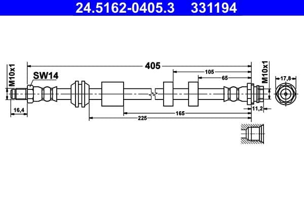 Remleiding/slang flexibel Voor Links/Rechts (lengte 405mm, M10x1/M10x1) past: VOLVO V60 I, XC70 II 2.0-3.2 04.07-07.18