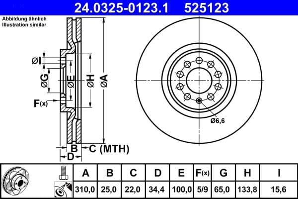 Brake disc, 1pcs, ATE PowerDisc, Geventileerd, Cut, Voor   Links/Rechts, buitendiameter 310 mm, dikte 25 mm, past: AUDI A1, A3, TT  SEAT IBIZA III, IBIZA IV, IBIZA IV SC 1.0-3.2 12.95-05.22
