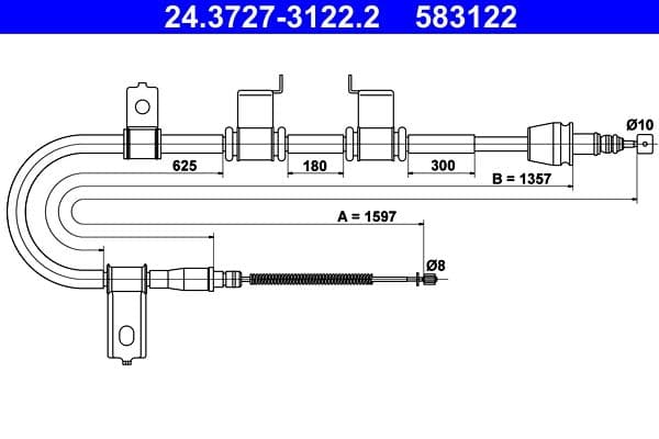 Handremkabel Achter Links (1597mm/1357mm) past: HYUNDAI GETZ 1.4/1.5D/1.6 09.02-12.10