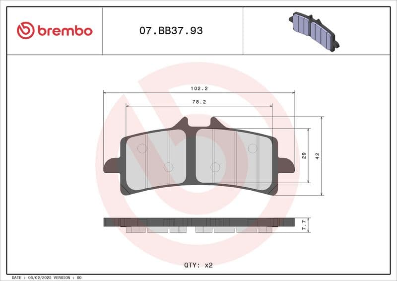 Brake pads Voor, beoogd gebruik: oe gelijkwaardig, materiaal: sinter-93, 42x102,2x7,7mm past: APRILIA RSV  BENELLI IMPETO, TESI  BIMOTA DB  BMW HP2, HP4, S  DUCATI 1098, 1198, 848 600-1400