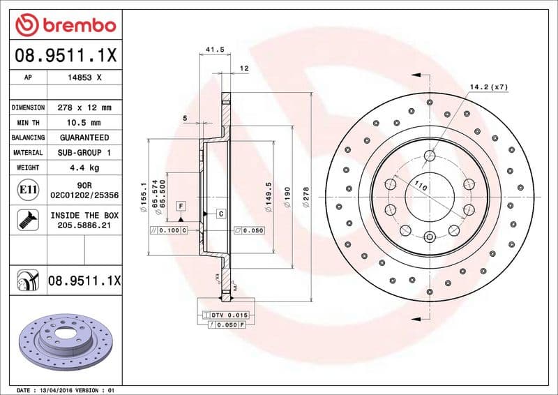 Brake disc, BREMBO Xtra, 1pcs, Drilled, Achter   Links/Rechts, buitendiameter 278 mm, dikte 12 mm, past: CADILLAC BLS  OPEL SIGNUM, VECTRA C, VECTRA C GTS  SAAB 9-3, 9-3X 1.6-2.8 04.02-