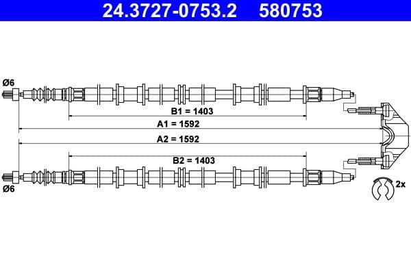 Handremkabel Achter Links/Rechts (1592mm/1592mm) past: OPEL ASTRA G, ASTRA G CLASSIC 1.2-2.2D 02.98-12.09