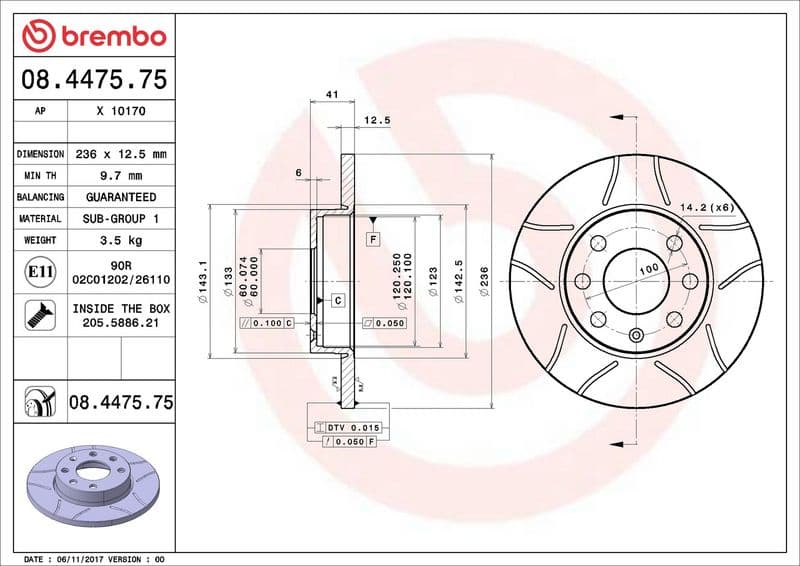 Brake disc, BREMBO Max, 1pcs, Cut, Voor   Links/Rechts, buitendiameter 236 mm, dikte 12,5 mm, past: CHEVROLET CORSA  OPEL ASCONA C, ASTRA F, ASTRA F CLASSIC, CORSA A 1.0-1.8 08.79-01.05
