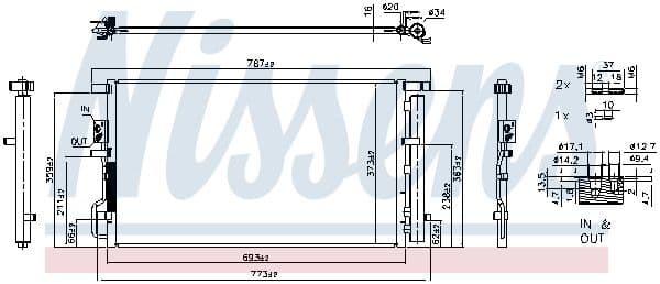 A/C condensator (met droger, (EN) additional fitting elements) past: HYUNDAI IX35, TUCSON  KIA SPORTAGE IV 1.6-2.4 08.09-09.22