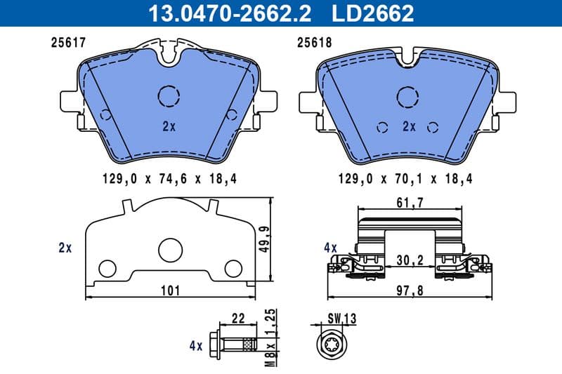 Keramische remblokken Voor (met een dempingskussen  met remklauw geleidingsbouten), past: BMW 2 (U06), X1 (U11), X2 (U10)  MINI CLUBMAN (F54), COUNTRYMAN (F60) 1.5-Electric 11.14-
