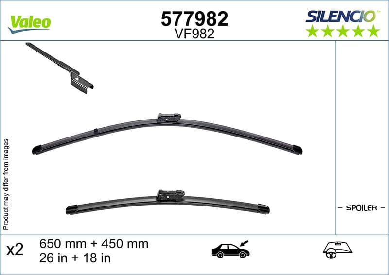 Wisserblad voegloos Voor met spoiler (2pcs) Silencio 650/450mm past: MERCEDES CITAN TOURER (W420), CITAN/MINIVAN (W420), EQT (W420), T (MPV)  BMW 6 GRAN TURISMO (G32)  NISSAN TOWNSTAR 06.17-