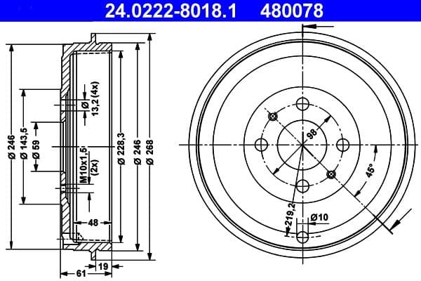 Brake drum Achter past: ALFA ROMEO 145, 146  CITROEN NEMO  FIAT DOBLO, FIORINO, IDEA, LINEA, MAREA, MULTIPLA, PALIO, QUBO, SIENA, STRADA, TEMPRA, TIPO  LANCIA MUSA 1.0-Electric 01.88-