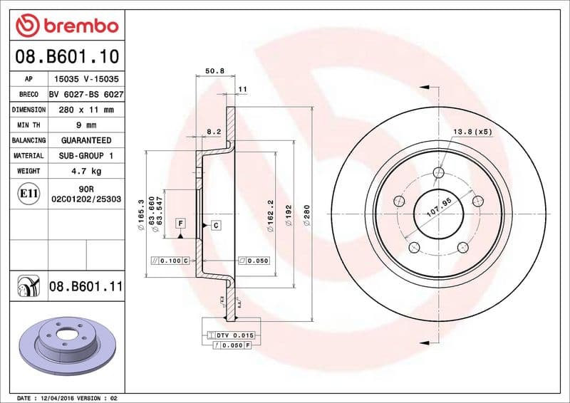 Brake disc Achter Links/Rechts past: FORD C-MAX II, GRAND C-MAX, KUGA II, TOURNEO CONNECT V408 NADWOZIE WIELKO, TOURNEO COURIER B460, TRANSIT CONNECT, TRANSIT CONNECT V408 1.0-2.5 04.10-