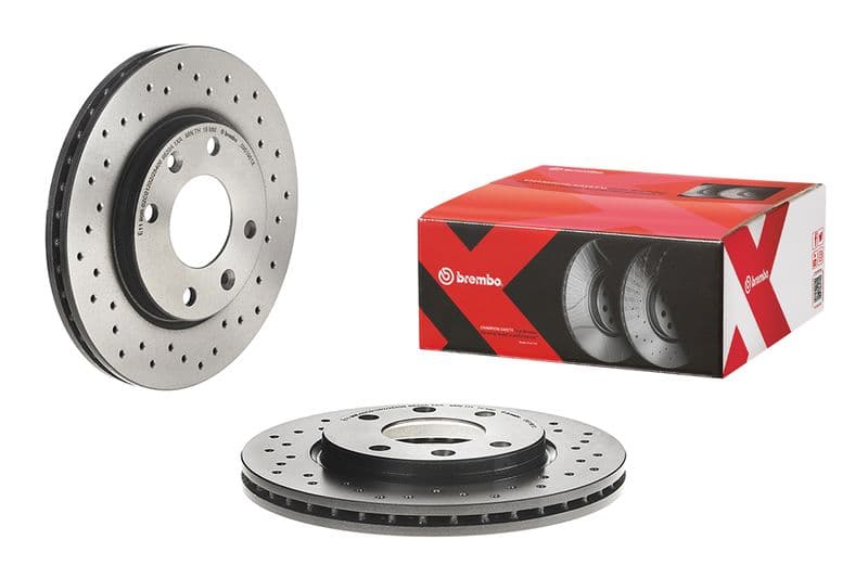 Brake disc, BREMBO Xtra, 1pcs, Drilled, Voor   Links/Rechts, buitendiameter 247 mm, dikte 20,4 mm, past: CITROEN AX, SAXO, XSARA, ZX  PEUGEOT 106 I, 106 II, 206, 206+ 1.1-Electric 01.89-08.13