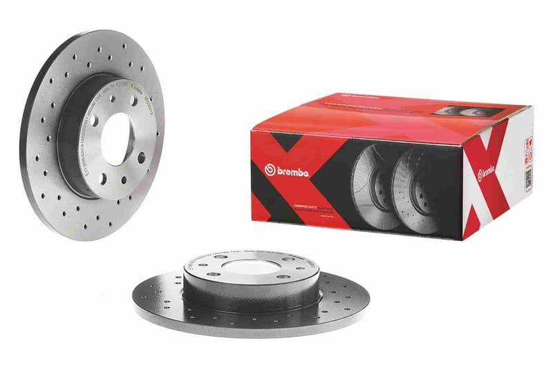 Brake disc, BREMBO Xtra, 1pcs, Drilled, Achter   Links/Rechts, buitendiameter 240 mm, dikte 11 mm, past: ABARTH 500 / 595 / 695, 500C / 595C / 695C  ALFA ROMEO 145, 146 0.7-Electric 09.74-
