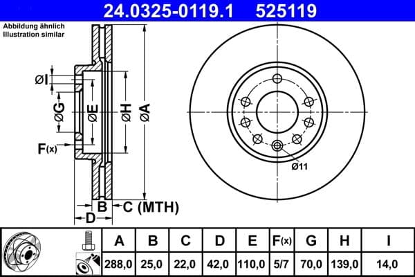 Brake disc, 1pcs, ATE PowerDisc, Geventileerd, Cut, Voor   Links/Rechts, buitendiameter 288 mm, dikte 25 mm, past: CHEVROLET VECTRA  LOTUS 2 ELEVEN, ELISE, EUROPA S, EXIGE 1.6-3.0D 08.89-