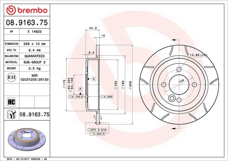 Brake disc, BREMBO Max, 1pcs, Cut, Achter   Links/Rechts, buitendiameter 259 mm, dikte 10 mm, past: MINI (R50, R53), (R52), (R56) 1.4D/1.6/1.6D 06.01-02.12
