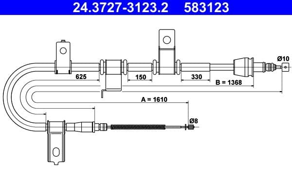 Handremkabel Achter Rechts (1610mm/1368mm) past: HYUNDAI GETZ 1.4/1.5D/1.6 09.02-12.10