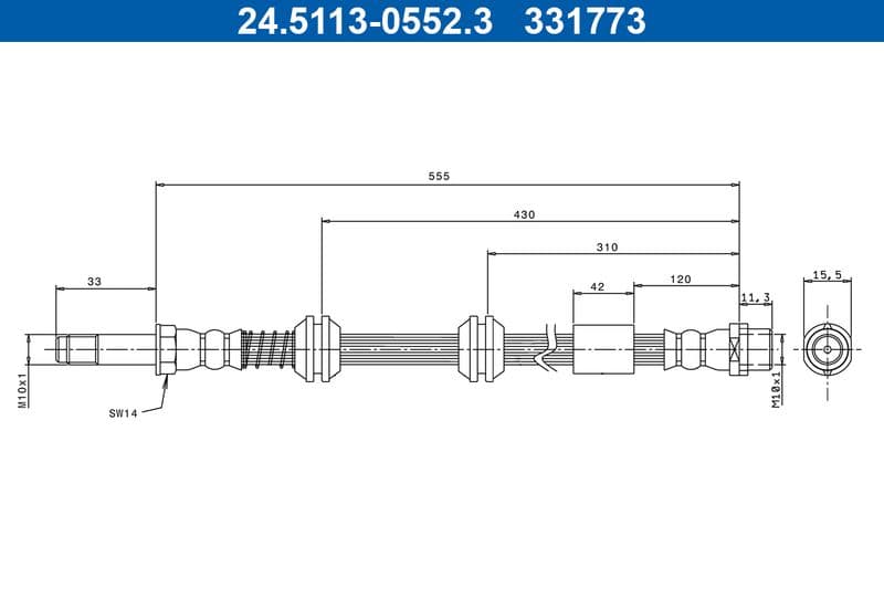 Remleiding/slang flexibel Voor Links/Rechts (lengte 555mm, M10x1) past: VW CALIFORNIA T5 CAMPER, CALIFORNIA T6 CAMPER, MULTIVAN T5, MULTIVAN T6, TRANSPORTER T5 1.9D-Electric 04.03-08.24