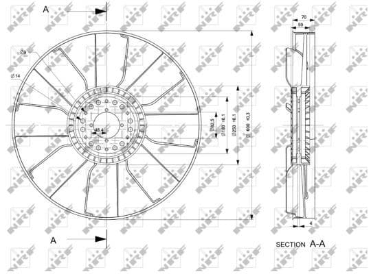 Radiator plezier (diameter 595mm, aantal bladen 9) past: MAN L2000, M 2000 L, TGL I, TGM I D0824FL01-D0836LFLAN 06.93-