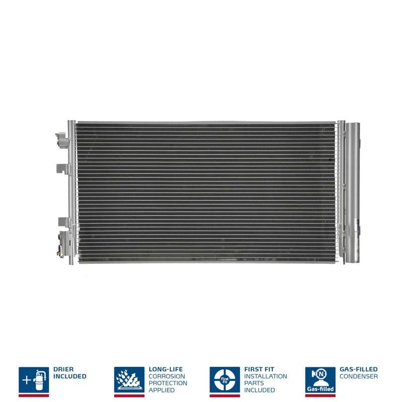A/C condensator (met droger, (EN) additional fitting elements) past: RENAULT FLUENCE, GRAND SCENIC III, MEGANE, MEGANE III, MODUS, SCENIC III 1.2-2.0D 05.08-