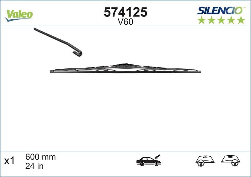 Wisserblad draaibaar Voor (1pcs) V60 Silencio 600mm past: IVECO DAILY IV, DAILY V  MERCEDES E (W213), SPRINTER 2-T (B901, B902), SPRINTER 3-T (B903), SPRINTER 4-T (B904), SPRINTER 5-T (B905) 09.74-
