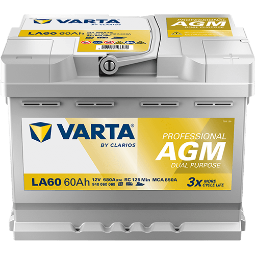 Batterij VARTA 12V 60Ah/680A (EN) PROFESSIONAL DUAL PURPOSE AGM (R+) 242x175x190 B13 - montageflens 10,5 mm