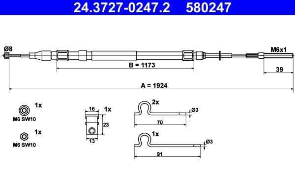 Handremkabel Achter Links (1924mm) past: BMW 5 (E39) 2.0-4.9 09.95-05.04