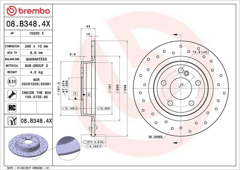 Brake disc, BREMBO Xtra, 1pcs, Drilled, Achter   Links/Rechts, buitendiameter 295 mm, dikte 10 mm, past: MERCEDES A (W176), B SPORTS TOURER (W246, W242), CLA (C117) 1.5D-Electric 11.11-12.19