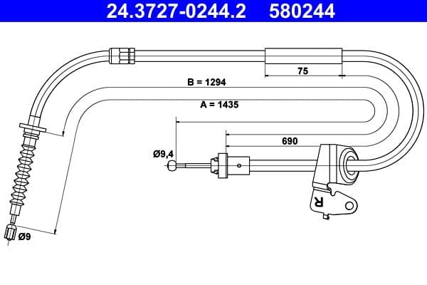 Handremkabel Achter Rechts (1435mm) past: MINI (R50, R53), (R52) 1.4D/1.6 06.01-07.08