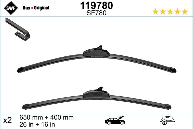 Wisserblad voegloos Voor met spoiler (2pcs) Visioflex 650/400mm past: HONDA ACCORD VII, CR-V III, CR-V IV, CR-V V, HR-V, INSIGHT  HYUNDAI ACCENT IV, ELANTRA VI, I30, I40 I, I40 I CW, KONA 08.98-
