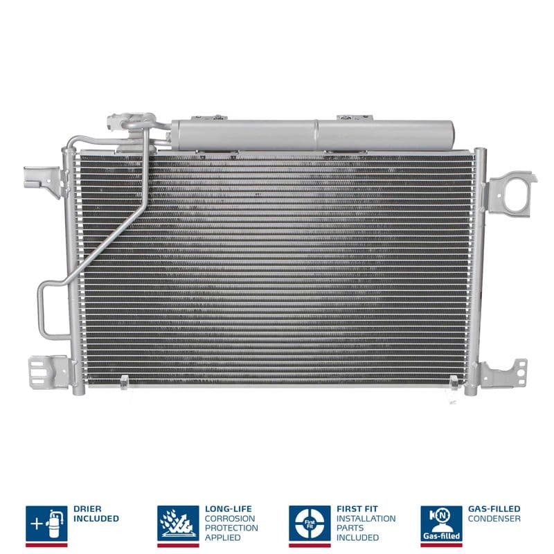 A/C condensator (met droger, (EN) additional fitting elements) past: MERCEDES C (CL203), C T-MODEL (S203), C (W203), CLC (CL203), CLK (A209), CLK (C209) 1.8-5.5 05.00-06.11