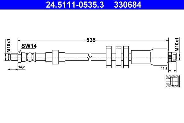 Remleiding/slang flexibel Voor Links/Rechts (lengte 535mm, M10x1/M10x1) past: PEUGEOT 406 1.8-3.0 11.95-10.04