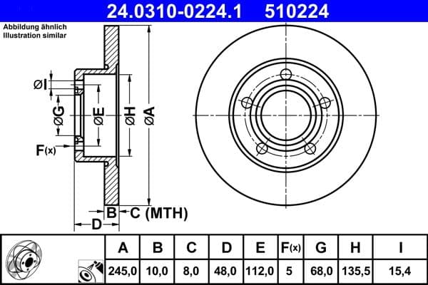Brake disc, 1pcs, ATE PowerDisc, vol, Cut, Achter   Links/Rechts, buitendiameter 245 mm, dikte 10 mm, past: AUDI A4 B5  VW PASSAT B5, PASSAT B5.5 1.8-2.8 01.95-05.05
