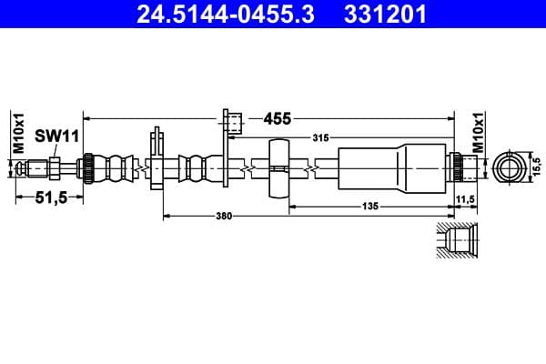 Remleiding/slang flexibel Voor Links/Rechts (lengte 455mm, M10x1/M10x1) past: CITROEN JUMPY II  FIAT SCUDO  PEUGEOT EXPERT, EXPERT TEPEE 1.6D/2.0/2.0D 11.06-