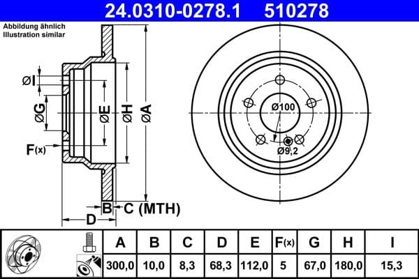 Brake disc, 1pcs, ATE PowerDisc, vol, Cut, Achter   Links/Rechts, buitendiameter 300 mm, dikte 10 mm, past: MERCEDES CLS (C218), CLS SHOOTING BRAKE (X218), E (W211) 1.6-3.5 03.02-12.17