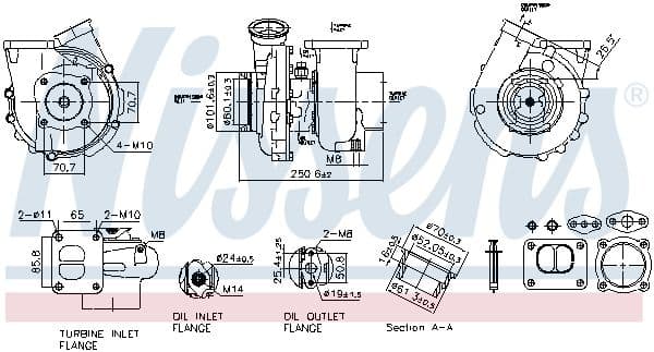 Turbocompressor (met bevestigingskit) past: MERCEDES ATEGO, ATEGO 2, AXOR, AXOR 2, CITARO (O 530), ECONIC, OH, TOURINO (O 510), TOURO (O 500), UNIMOG, ZETROS OM902.913-OM926.990 01.70-