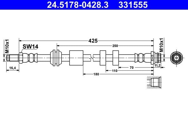Remleiding/slang flexibel Voor Links/Rechts (lengte 425mm, M10x1/M10x1) past: VOLVO XC60 I 2.0-3.2 05.08-12.17