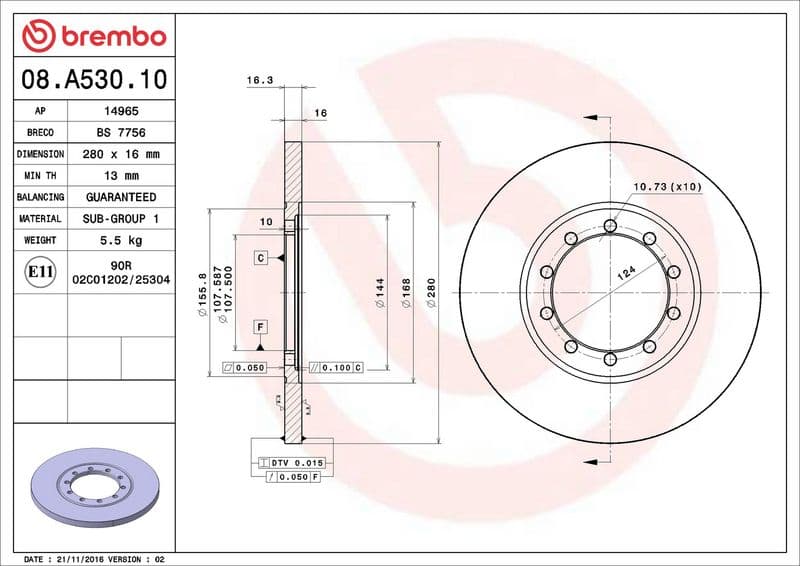 Brake disc Achter Links/Rechts past: FORD TRANSIT, TRANSIT TOURNEO 2.2D-3.2D 04.06-12.14