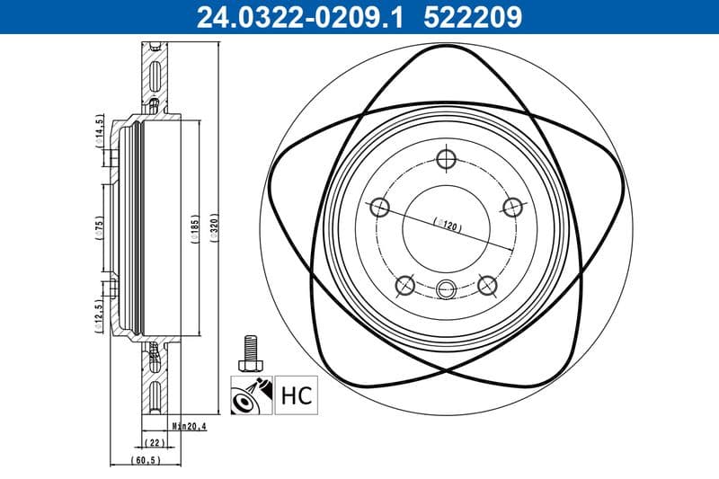 Brake disc, 1pcs, ATE PowerDisc, Geventileerd, Cut, Achter   Links/Rechts, buitendiameter 320 mm, dikte 22 mm, past: BMW 3 (E46) 2.5/3.0/3.0D 10.99-12.07