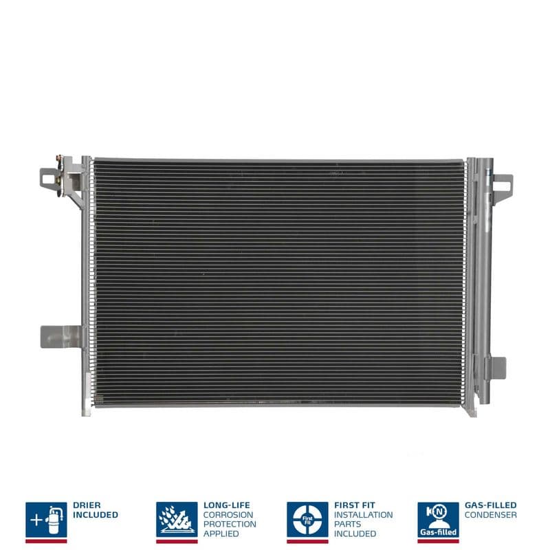 A/C condensator (met droger, (EN) additional fitting elements) past: VW CALIFORNIA T6 CAMPER, MULTIVAN T6, TRANSPORTER T5, TRANSPORTER T6, TRANSPORTER T6 / CARAVELLE T6 2.0/2.0D/Electric 09.09-08.24