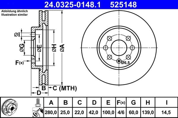 Brake disc, 1pcs, ATE PowerDisc, Geventileerd, Cut, Voor   Links/Rechts, buitendiameter 280 mm, dikte 25 mm, past: OPEL ASTRA H, COMBO, COMBO TOUR, MERIVA A 1.3D-1.8 10.01-