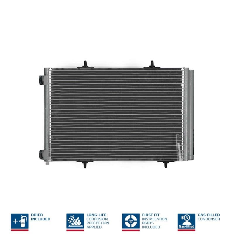 A/C condensator (met droger, (EN) additional fitting elements) past: DS DS 3  CITROEN C2, C3 AIRCROSS I, C3 AIRCROSS II, C3 I, C3 II, C3 III, C3 PICASSO, C4 CACTUS, DS3 1.0-1.6D 02.02-