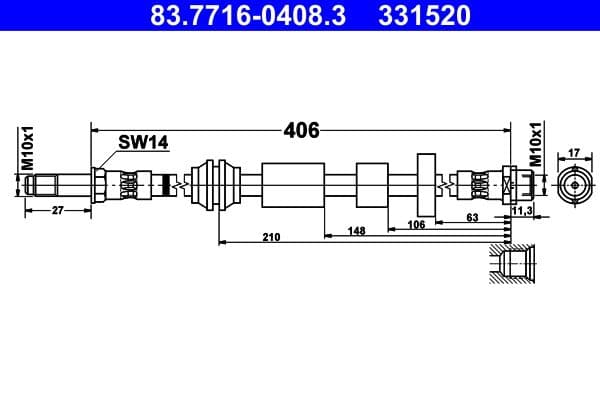 Remleiding/slang flexibel Voor Links/Rechts (lengte 406mm, M10x1/M10x1) past: VOLVO V40 1.5-2.5 03.12-08.19