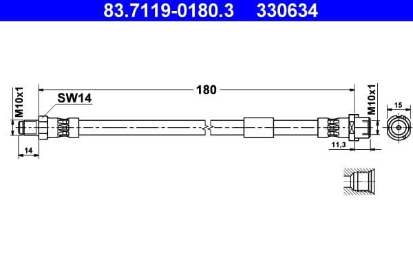 Remleiding/slang flexibel Achter Links/Rechts (lengte 180mm, M10x1/M10x1) past: SAAB 9-5 1.9D-3.0D 09.97-12.09