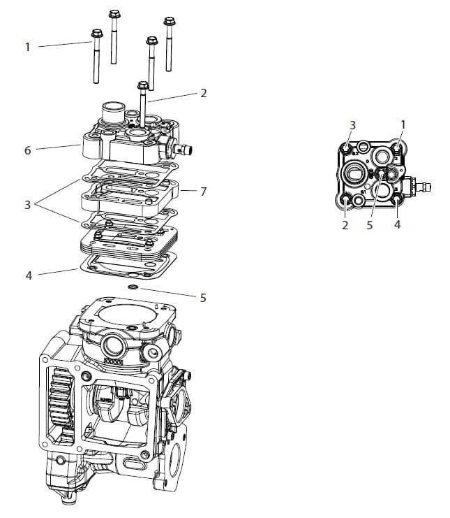 Compressor cilinderkop, past op LP3997 (5 bevestigingsschroeven  nieuw model  volledig) past: MAN
