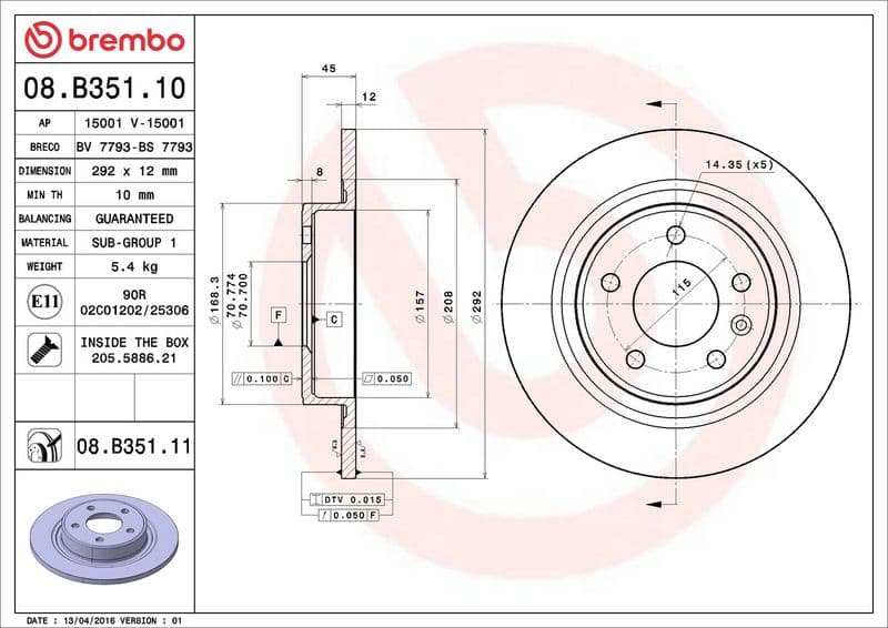 Brake disc Achter Links/Rechts past: CHEVROLET CRUZE, ORLANDO, VOLT  OPEL AMPERA, ASTRA H, ASTRA J, ASTRA J GTC, CASCADA, ZAFIRA C 1.3D-2.0D 08.05-