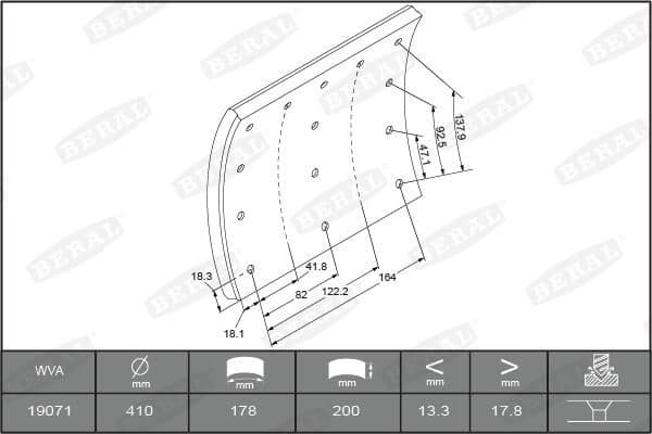 Brake shoe lining Achter/Voor (410x200. basis) past: MAN M90, SM  RVI K, KERAX, PREMIUM 2  VOLVO B12, F10, F12, F16, FH12, FH16, FL10, FL12, FL7, FM12, FM7 08.77-