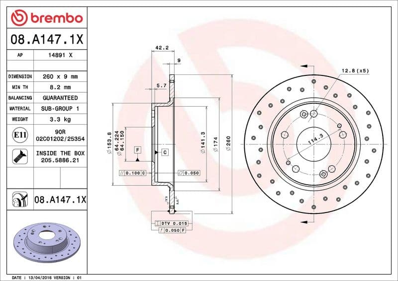 Brake disc, BREMBO Xtra, 1pcs, Drilled, Achter   Links/Rechts, buitendiameter 260 mm, dikte 9 mm, past: HONDA CIVIC IX, CIVIC VIII 1.3-2.2D 09.05-12.16