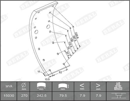 Brake shoe lining Achter/Voor (270x79. 1-overmaat) past: IVECO DAILY I, DAILY II  MERCEDES T1/TN, T2/L, T2/LN1 01.70-05.99