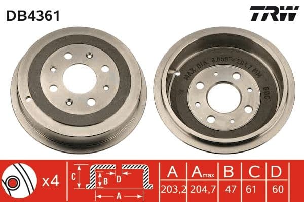 Brake drum Achter past: FIAT GRANDE PUNTO, PUNTO, PUNTO EVO  OPEL ADAM, CORSA D 1.0-1.4LPG 10.05-