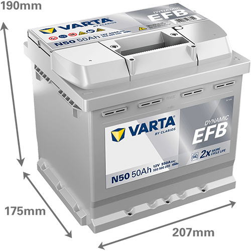 Batterij VARTA 12V 50Ah/550A (EN) Dynamic EFB  (EN) START&STOP EFB (R+) 207x175x190 B13 - montageflens 10,5 mm (beginnen/efb)
