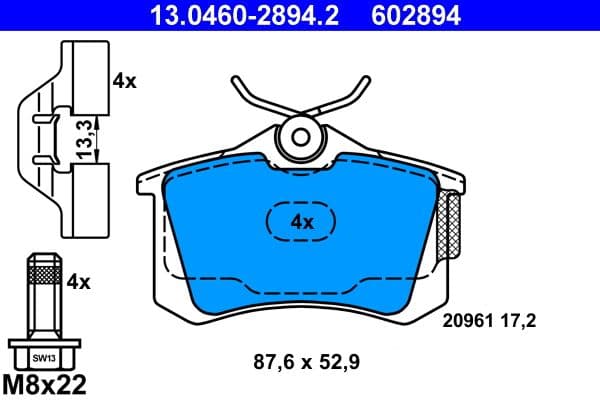 Remblokken set Achter (met extra's  met remklauw geleidingsbouten), past: AUDI A2, A3, A4 B5, TT  RENAULT MEGANE I, MEGANE II, THALIA II, TWINGO II  SEAT AROSA, CORDOBA 1.0-3.2 05.86-