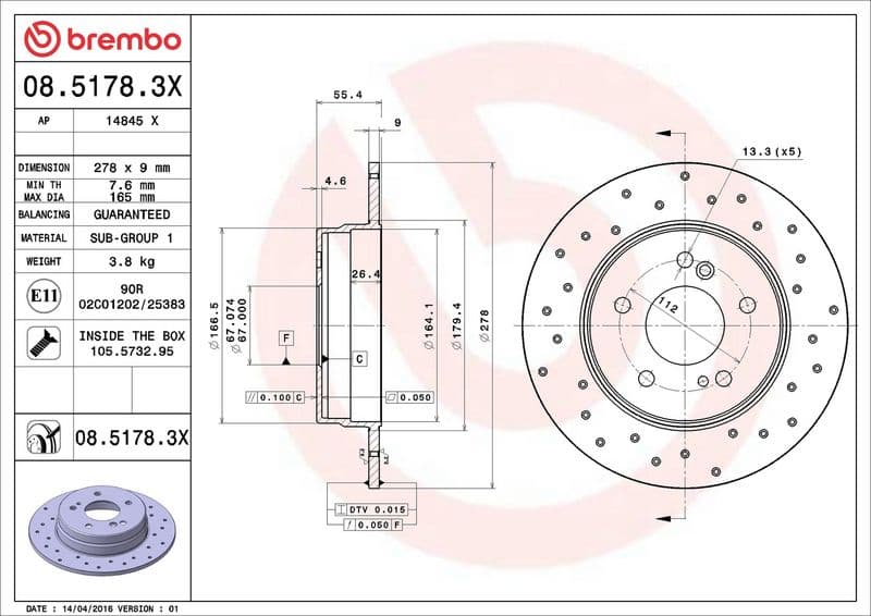 Brake disc, BREMBO Xtra, 1pcs, Drilled, Achter   Links/Rechts, buitendiameter 278 mm, dikte 9 mm, past: MERCEDES 124 T-MODEL (S124), C (CL203), C (W202), C (W203) 1.6-4.2 09.85-06.11